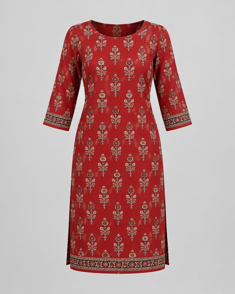Block-Print Straight Kurti in Red