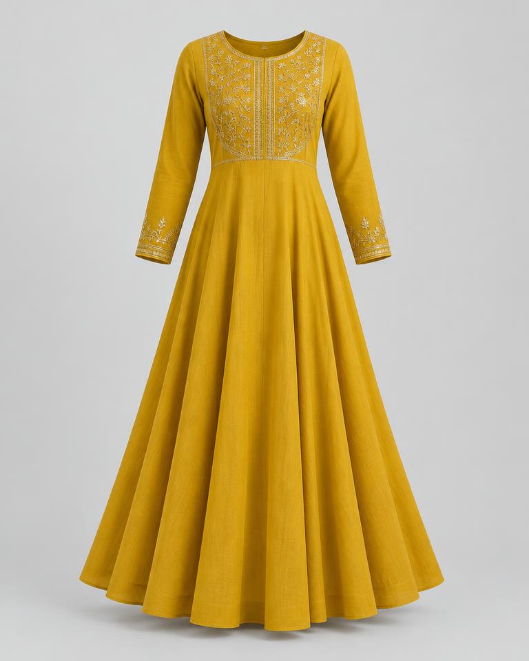 Embroidered Anarkali Kurta in Mustard Yellow