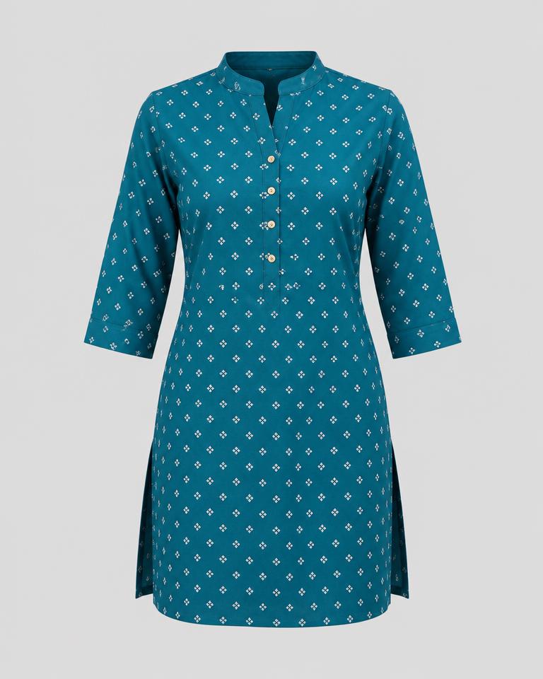 Printed Cotton Tunic in Teal Blue